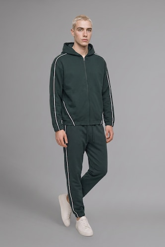 MAN Dark Green Boxy Fit Piping Detail Basic Hoodie
