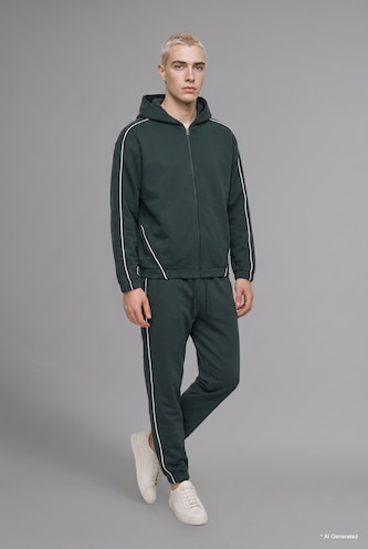 Men Dark Green Boxy Fit Basic Zip-Up Hoodie