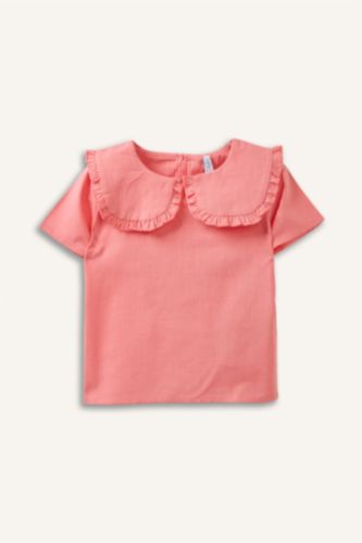 Kız Bebek Pembe Büyük Yaka Keten Karışımlı Kısa Kollu Gömlek Kız Bebek