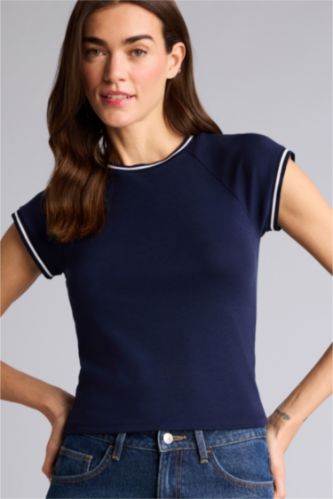 Kadın Lacivert Regular Fıt Ribana Kısa Kollu Tişört