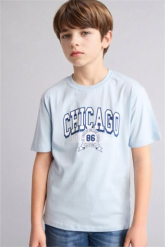 Boys & Teens Light Blue New Regular Fit Printed Short Sleeve T-Shirt