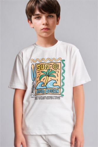 Young Boys - Teen Boys Ecru Boy Regular Fit Printed Short Sleeve T-Shirt