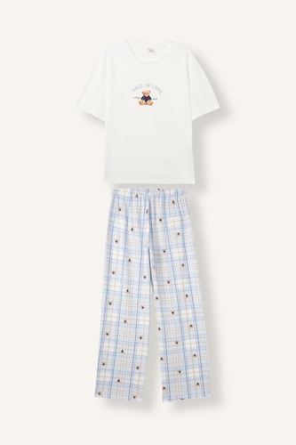 %100 Pamuk Regular Fıt Kısa Kollu Ayıcık Baskılı Üst Çizgili Alt Pijama Takımı