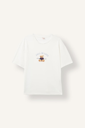 %100 Pamuk Regular Fıt Kısa Kollu Ayıcık Baskılı Üst Çizgili Alt Pijama Takımı