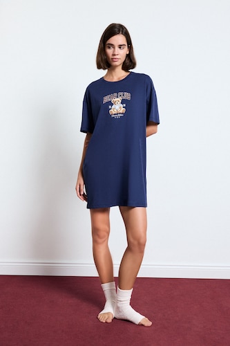 WOMAN NAVY 100% Cotton Regular Fit Teddy Bear Print Nightgown