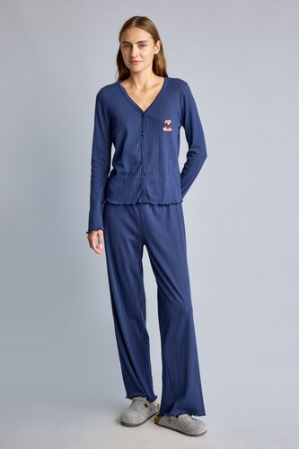 Kadın Lacivert Regular Fit Uzun Kollu Geniş Paça Pijama Takımı