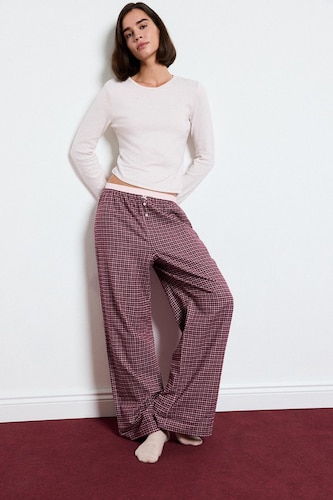 Kadın Bordo Regular Fit Ekoseli 2'li Flanel Takım