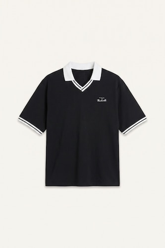 Erkek Siyah Boxy Fit Nakışlı Polo Yaka Tişört