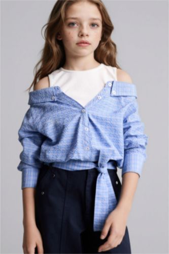 Kız Çocuk - Genç Kız Açık Mavi Çift Katmanlı Gofre Dokulu Gömlek Kız Çocuk