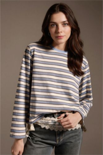 WOMAN Light Blue Loose Fit Long Sleeve Striped Blouse