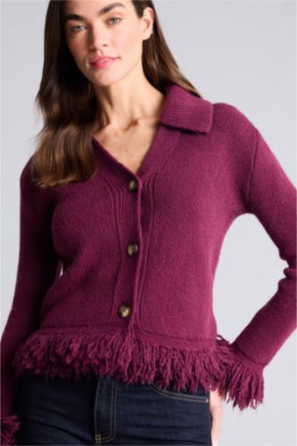 Kadın Mor Püsküllü Triko Hırka