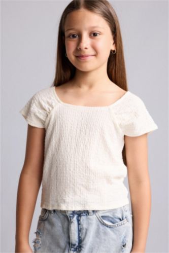 Young Girls - Teen Girls Ecru Girl Regular Fit Square Neck Crinkle Fabric Blouse