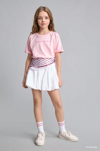 Girl Oversize Crew Neck Printed Modal Pink T-Shirt