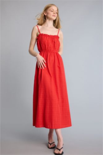 Kadın Kırmızı Keten Görünümlü Midi Elbise