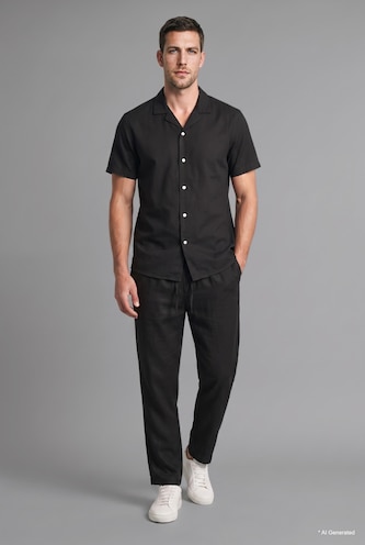 Men Black Regular Fit Linen Blended Short Sleeve Shirt