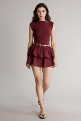 Kadın Bordo Balloon Fıt Kayık Yaka Mini Elbise