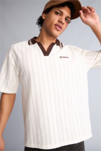 Erkek Ekru Boxy Fıt Kısa Kol Polo Tişört