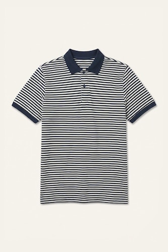Regular Fit Navy Blue Striped Cotton Piqué Short Sleeve Polo T-Shirt