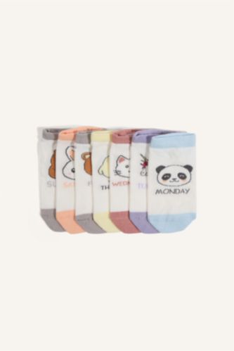 Kız Çocuk - Genç Kız Beyaz Pamuklu Desenli 7'Li Patik Çorap Kız Çocuk