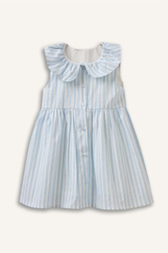 Kız Bebek Açık Mavi Çizgili Askılı Gofre Dokulu Elbise Kız Bebek
