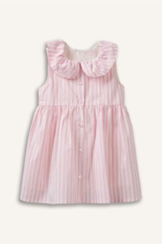 Kız Bebek Pembe Çizgili Askılı Gofre Dokulu Elbise Kız Bebek