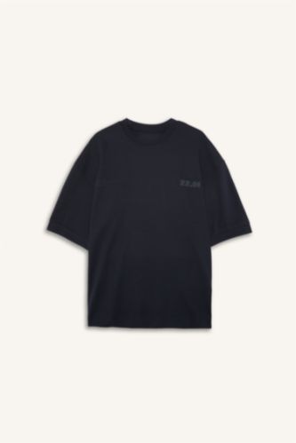Erkek Lacivert Loose Fit Kısa Kollu Baskılı Tişört