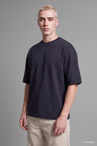 Erkek Lacivert Loose Fit Kısa Kollu Baskılı Tişört