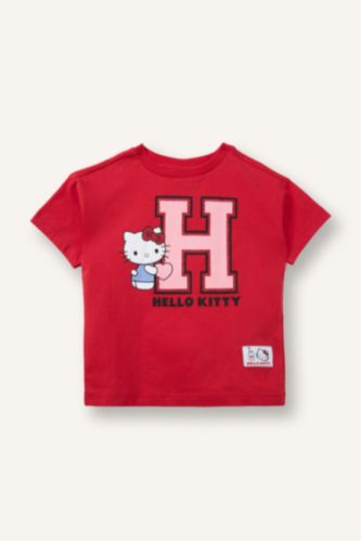 Kız Bebek Kırmızı %100 Pamuk Hello Kitty  Penye Kısa Kollu Tişört Kız Bebek