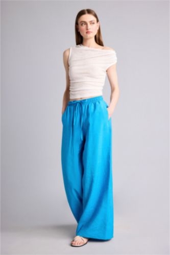 Women Light Blue Normal Waist Wide Leg Trousers