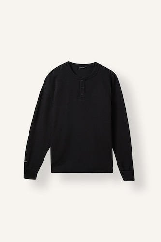 100% Cotton Boxy Fit Button-Placket Crew Neck Waffle Long Sleeve Sweatshirt