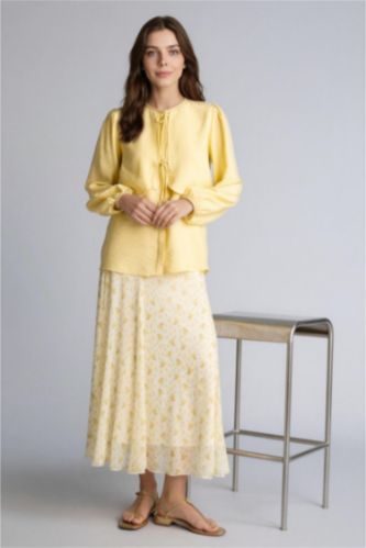 Kadın Açık Sarı A Kesim Baskılı Tül Etek