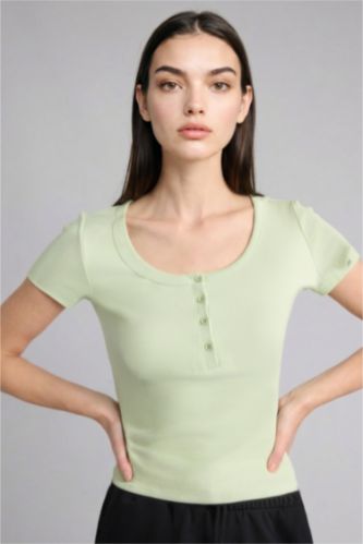 Kadın Mint Slim Fit Kısa kollu Kaşkorse Tişört