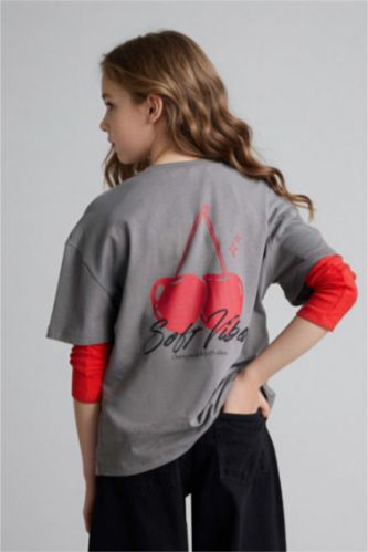 Kız Çocuk - Genç Kız Gri Meyve Baskılı Tişört Kız Çocuk