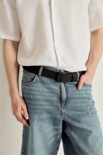 Men Black Man Rectangle Clasp Faux Leather Jean Belt