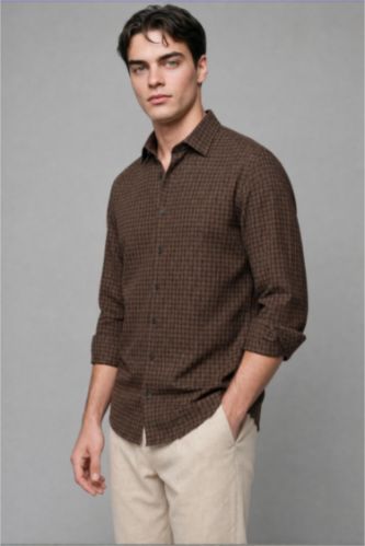 MAN Brown Regular Fit Linen Blended Long Sleeve Shirt