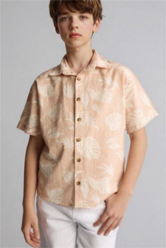 BOYS & TEENS Beige Regular Fit Tropical Patterned Short Sleeve Shirt
