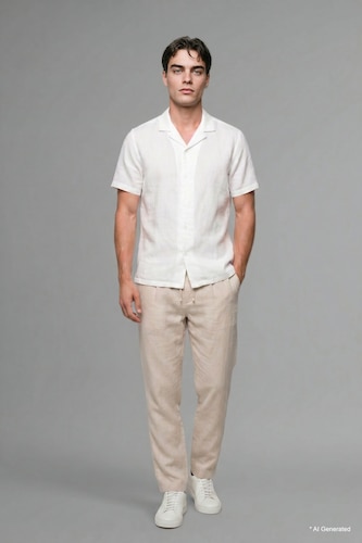 Men Ecru Regular Fit Shirt Collar Linen Blended Short Sleeve Shirt