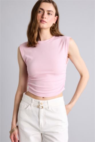 WOMAN Light Pink تانك توب مضلع سليم فيت برقبة مستديرة