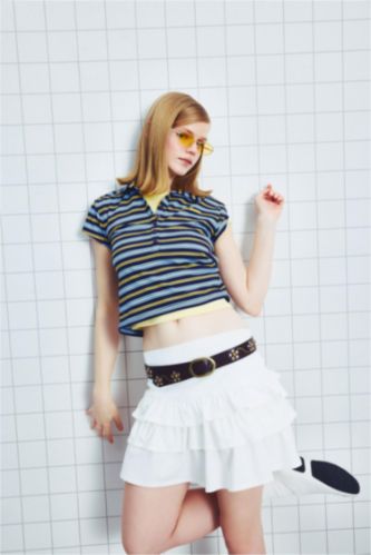 Kadın Açık Mavi Slım Fıt Polo Yaka Çizgili Penye Kısa Kollu Tişört