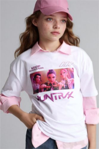 Kız Çocuk - Genç Kız Ekru Kpop - Demon Hunters Oversıze Bisiklet Yaka Kısa Kollu Tişört Kız Çocuk
