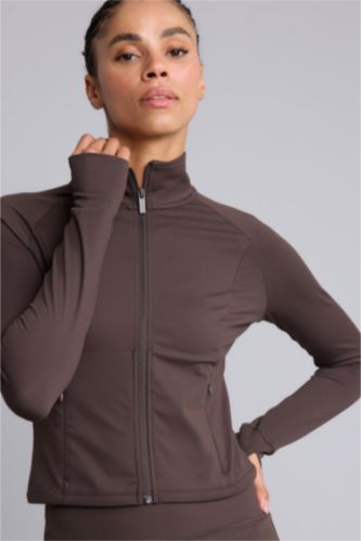 Kadın Kahve Fitted Dik Yaka Sporcu Hırka