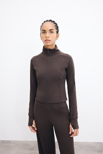 Kadın Kahve Ultra Yumuşak Fitted Dik Yaka Sporcu Hırka