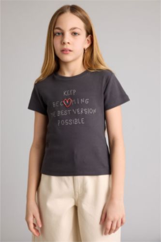 Kız Çocuk - Genç Kız Koyu Antrasit Baskılı Fitilli Kaşkorse Tişört Kız Çocuk
