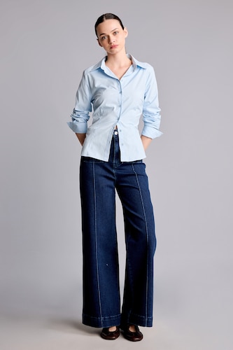 Woman Dark Blue Short Wide Leg High Waist Long Jeans