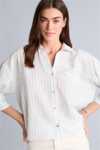 Kadın Açık Mavi Oversize Keten Çizgili Gömlek