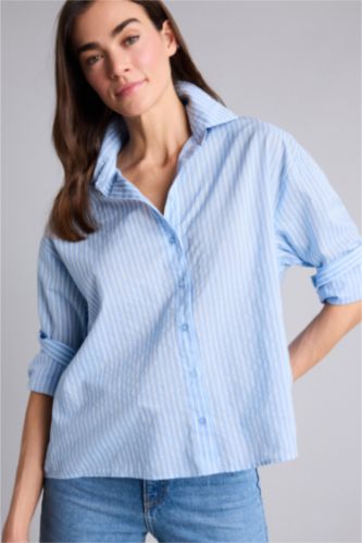 Kadın Mavi Oversize Çizgili Gömlek