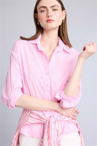 Kadın Pembe Oversize Uzun kollu Çizgili Gömlek