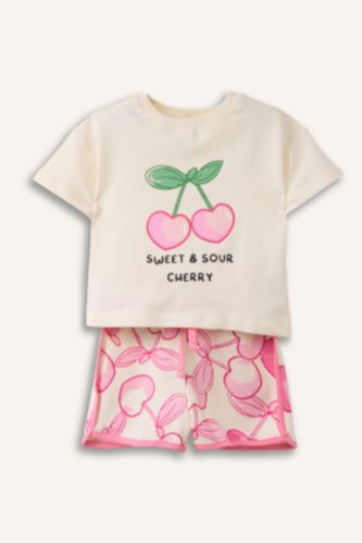 Kız Bebek Ekru Meyve Desenli 2'li Takım Kız Bebek