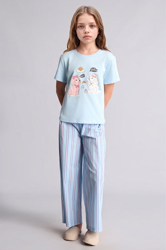 Kız Çocuk - Genç Kız Açık Mavi Baskılı Çizgili Regular Fit 2'li Pijama Takımı