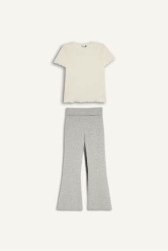 Kız Çocuk - Genç Kız Ekru Regular Fıt Ribana 2'li Pijama Takımı Kız Çocuk